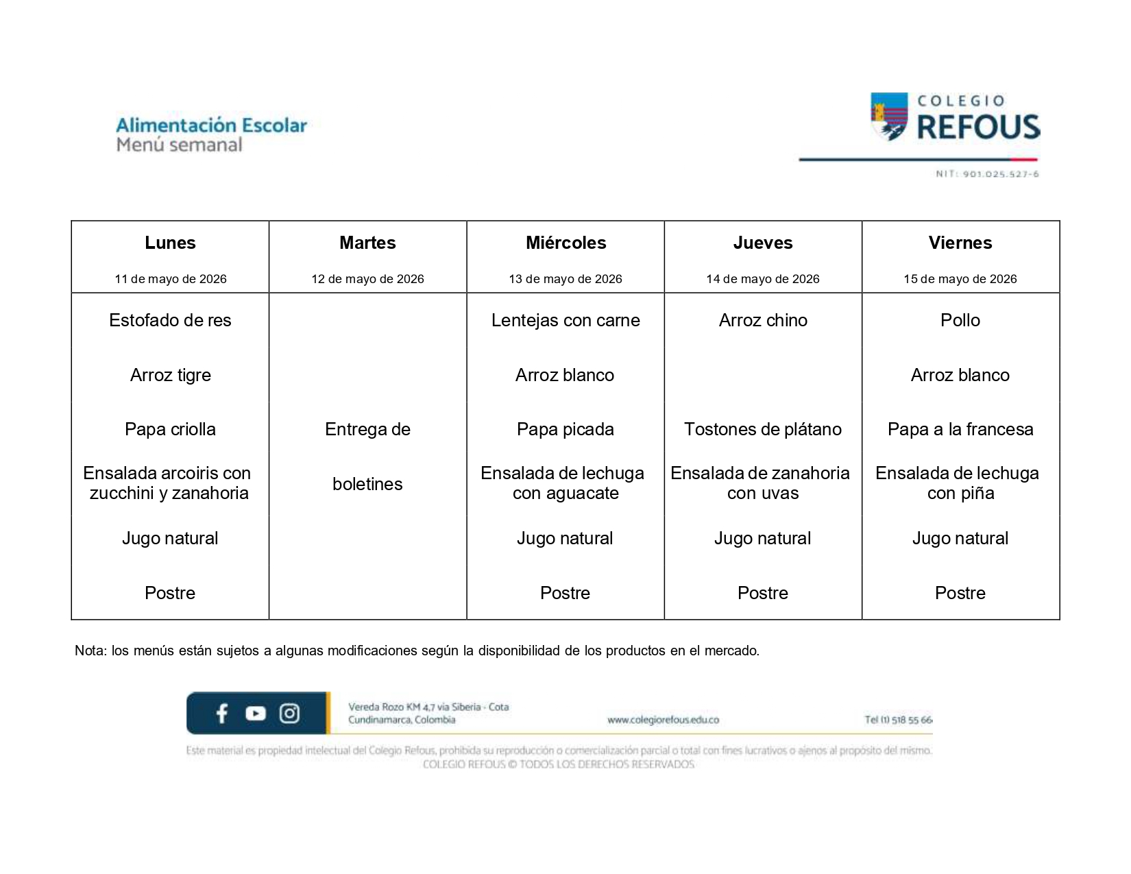 11 al 15 de mayo de 2026 - Alimentación escolar