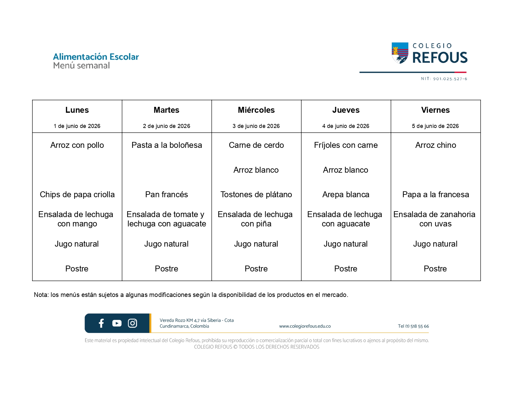 1 al 5 de junio de 2026 - Alimentación escolar